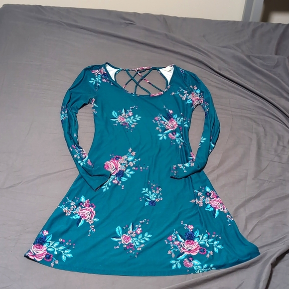 Teal blue & ๐ธ pink floral mini dress long sleeve strappy criss cross open back - Picture 2 of 13